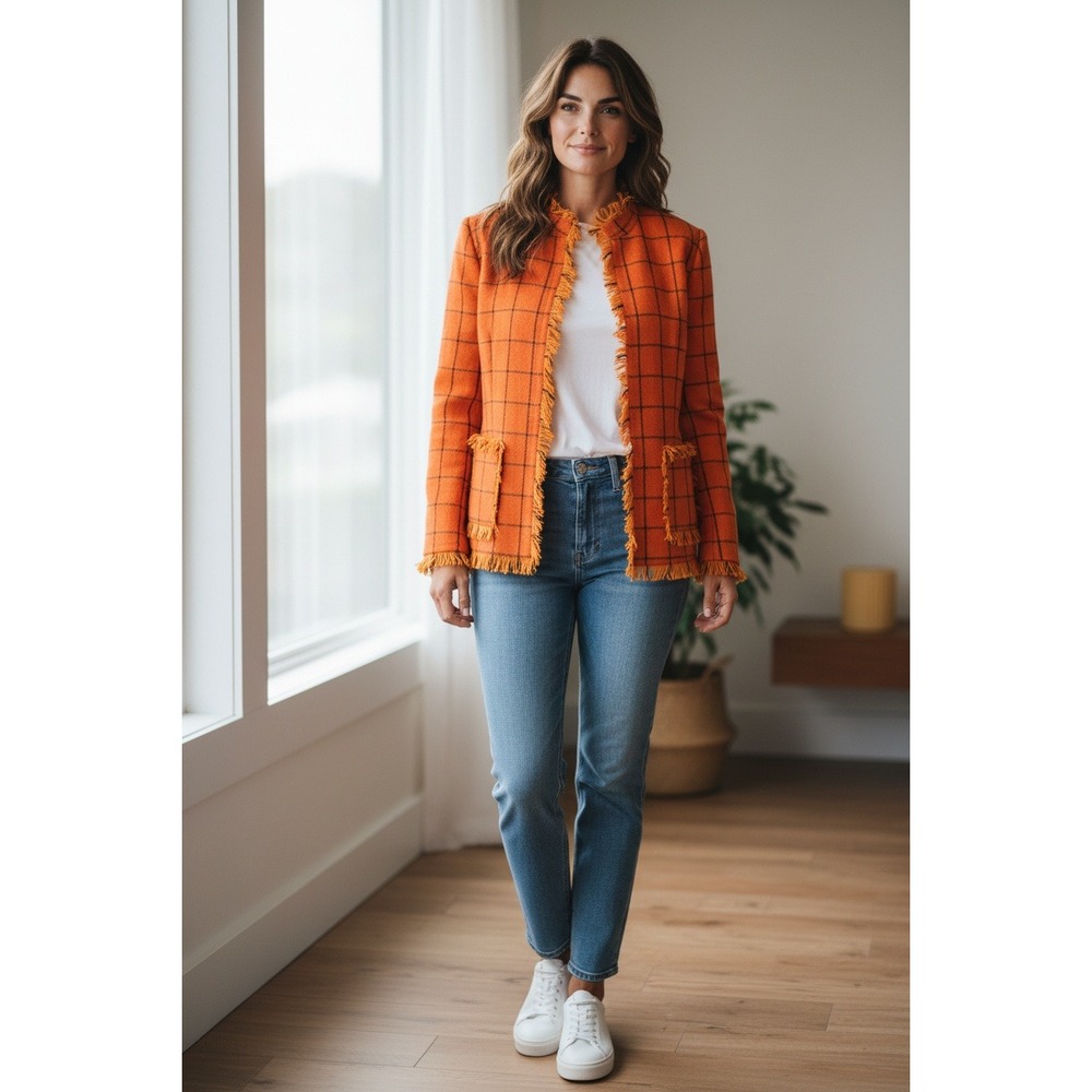 Harve Benard By Bernard Holtz Women's Orange Plaid Wool Blazer Fringe Size 12